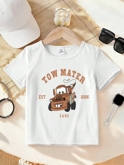 Disney Licensed Toddler T-Shirt, Cars Tow Mater Pattern Printed T-Shirt, Casual Baby And Toddler Short-Sleeve T-Shirt, Children's Everyday Top