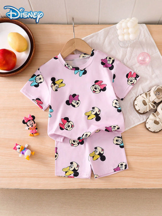 Disney Summer Baby Girl 2pcs Set Cute Mickey Mouse Minnie Print Short Sleeve Shorts Outfit Casual Children Daily Basic Cartoon Print Knit Round Neck Short Sleeve Elastic Waist Pants Outdoor Vacation C