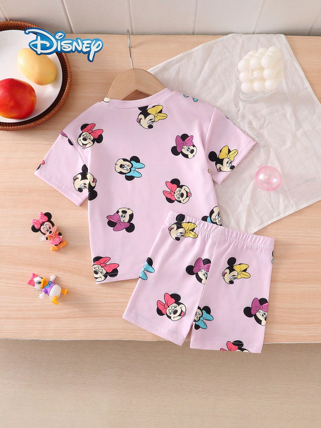 Disney Summer Baby Girl 2pcs Set Cute Mickey Mouse Minnie Print Short Sleeve Shorts Outfit Casual Children Daily Basic Cartoon Print Knit Round Neck Short Sleeve Elastic Waist Pants Outdoor Vacation C