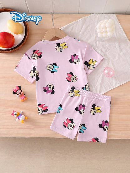 Disney Summer Baby Girl 2pcs Set Cute Mickey Mouse Minnie Print Short Sleeve Shorts Outfit Casual Children Daily Basic Cartoon Print Knit Round Neck Short Sleeve Elastic Waist Pants Outdoor Vacation C