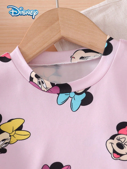 Disney Summer Baby Girl 2pcs Set Cute Mickey Mouse Minnie Print Short Sleeve Shorts Outfit Casual Children Daily Basic Cartoon Print Knit Round Neck Short Sleeve Elastic Waist Pants Outdoor Vacation C