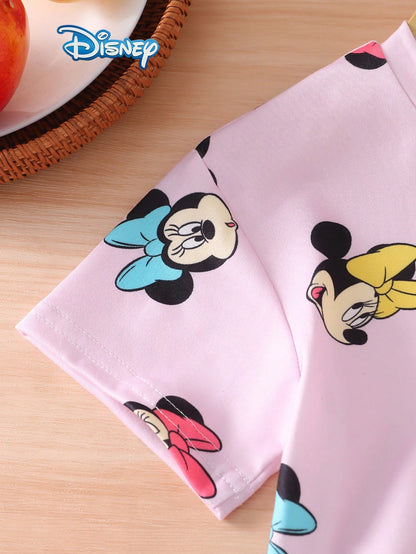 Disney Summer Baby Girl 2pcs Set Cute Mickey Mouse Minnie Print Short Sleeve Shorts Outfit Casual Children Daily Basic Cartoon Print Knit Round Neck Short Sleeve Elastic Waist Pants Outdoor Vacation C