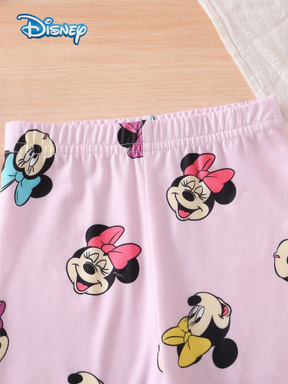Disney Summer Baby Girl 2pcs Set Cute Mickey Mouse Minnie Print Short Sleeve Shorts Outfit Casual Children Daily Basic Cartoon Print Knit Round Neck Short Sleeve Elastic Waist Pants Outdoor Vacation C