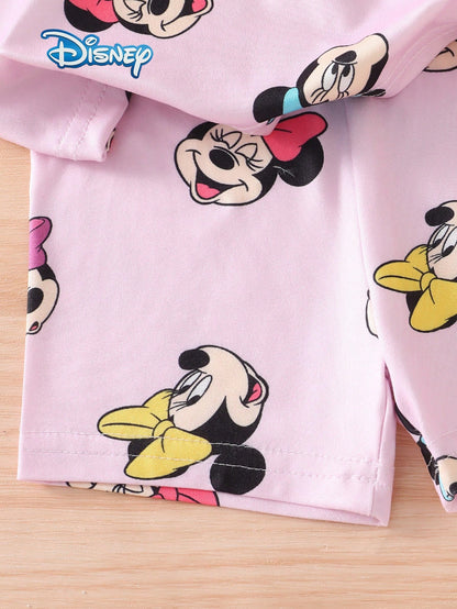 Disney Summer Baby Girl 2pcs Set Cute Mickey Mouse Minnie Print Short Sleeve Shorts Outfit Casual Children Daily Basic Cartoon Print Knit Round Neck Short Sleeve Elastic Waist Pants Outdoor Vacation C