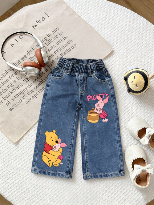 Disney Winnie The Pooh Patterned Baby Loose Straight Jeans, Suitable For Spring And Summer Casual Vacations, Western Street Style Jeans.