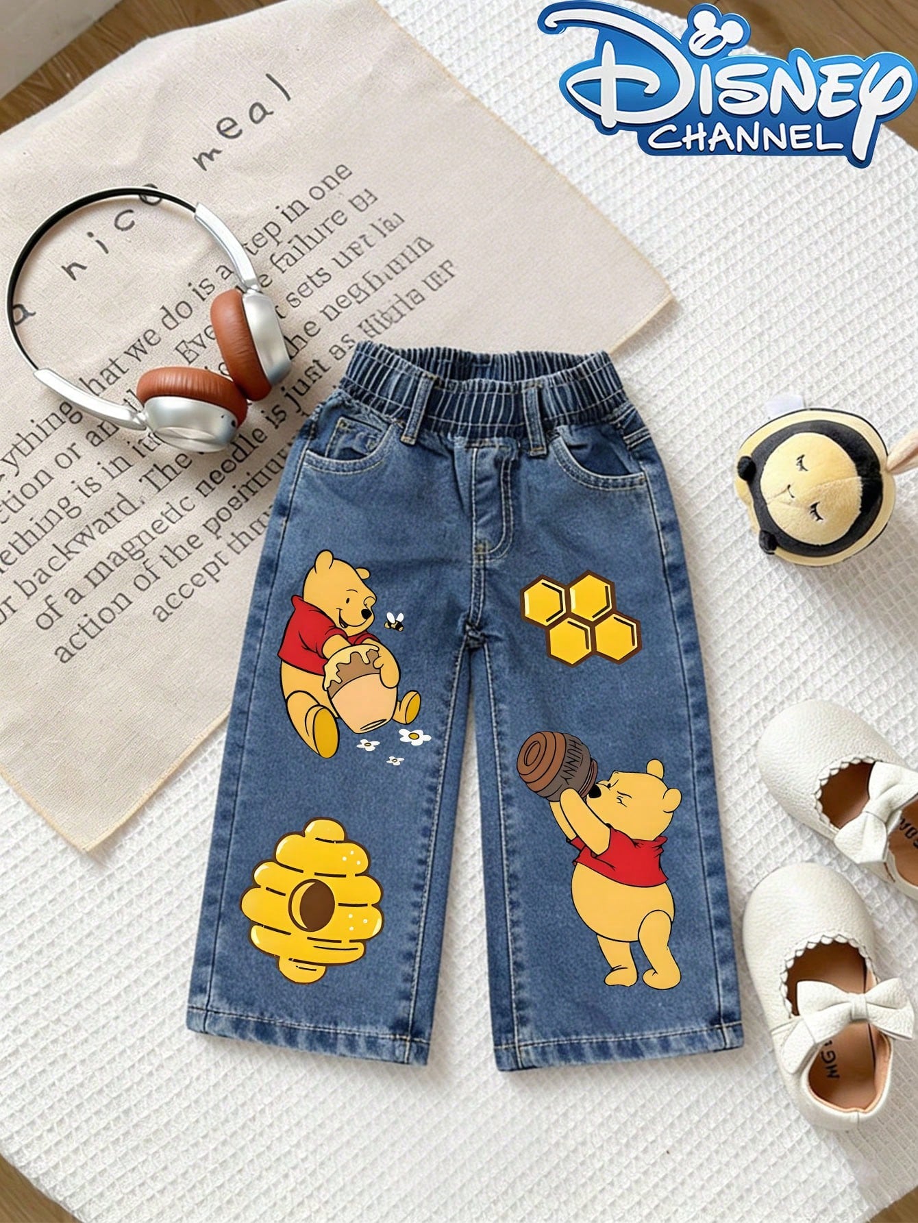 Disney Winnie The Pooh Patterned Baby Loose Straight Jeans, Suitable For Spring And Summer Casual Vacations, Western Street Style Jeans.