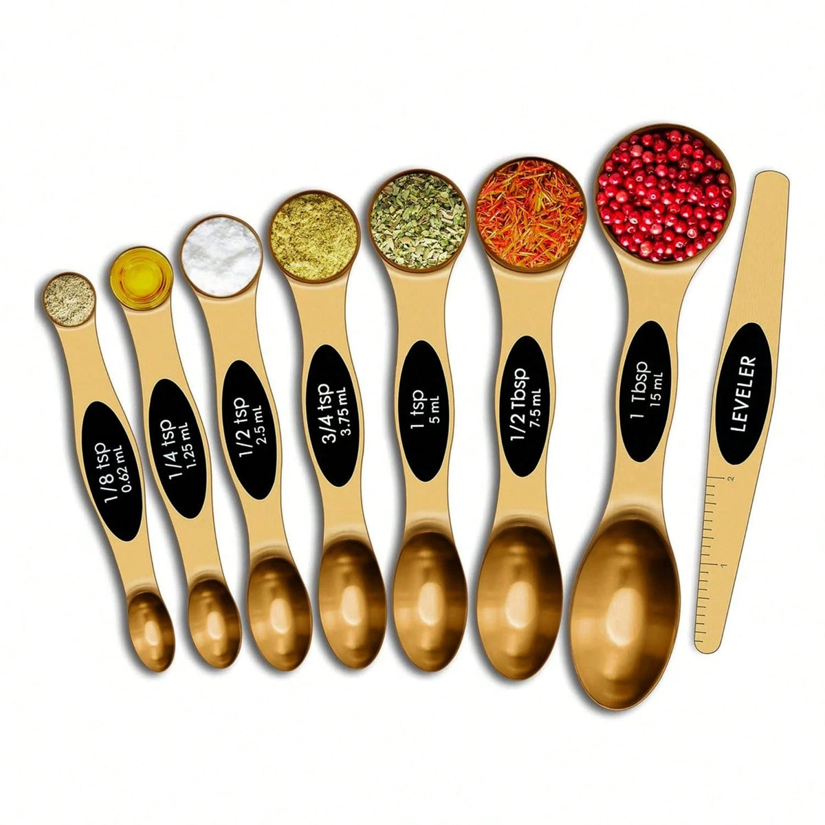Double Sided Stackable Copper Magnetic Measuring Spoons Set With Leveler For Baking,Cooking,Roasting, Meal Preparation (8-Piece Or 16-Piece)