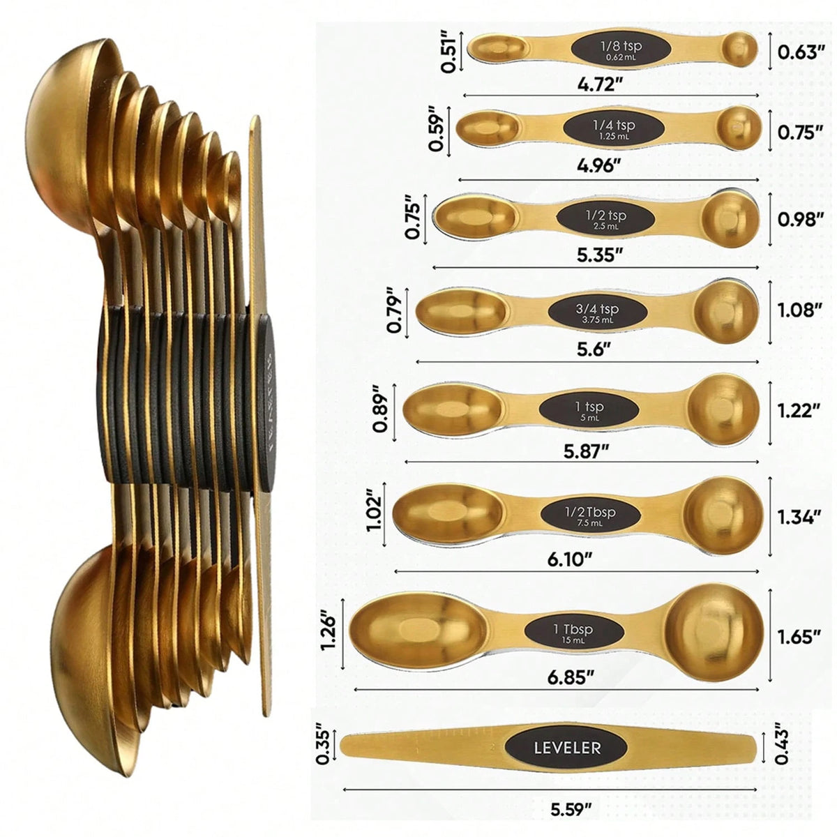 Double Sided Stackable Copper Magnetic Measuring Spoons Set With Leveler For Baking,Cooking,Roasting, Meal Preparation (8-Piece Or 16-Piece)