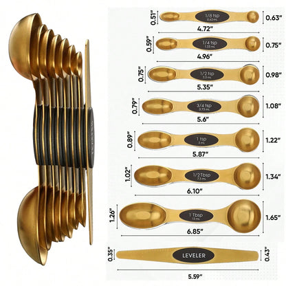 Double Sided Stackable Copper Magnetic Measuring Spoons Set With Leveler For Baking,Cooking,Roasting, Meal Preparation (8-Piece Or 16-Piece)