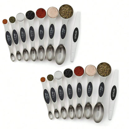 Double Sided Stackable Copper Magnetic Measuring Spoons Set With Leveler For Baking,Cooking,Roasting, Meal Preparation (8-Piece Or 16-Piece)