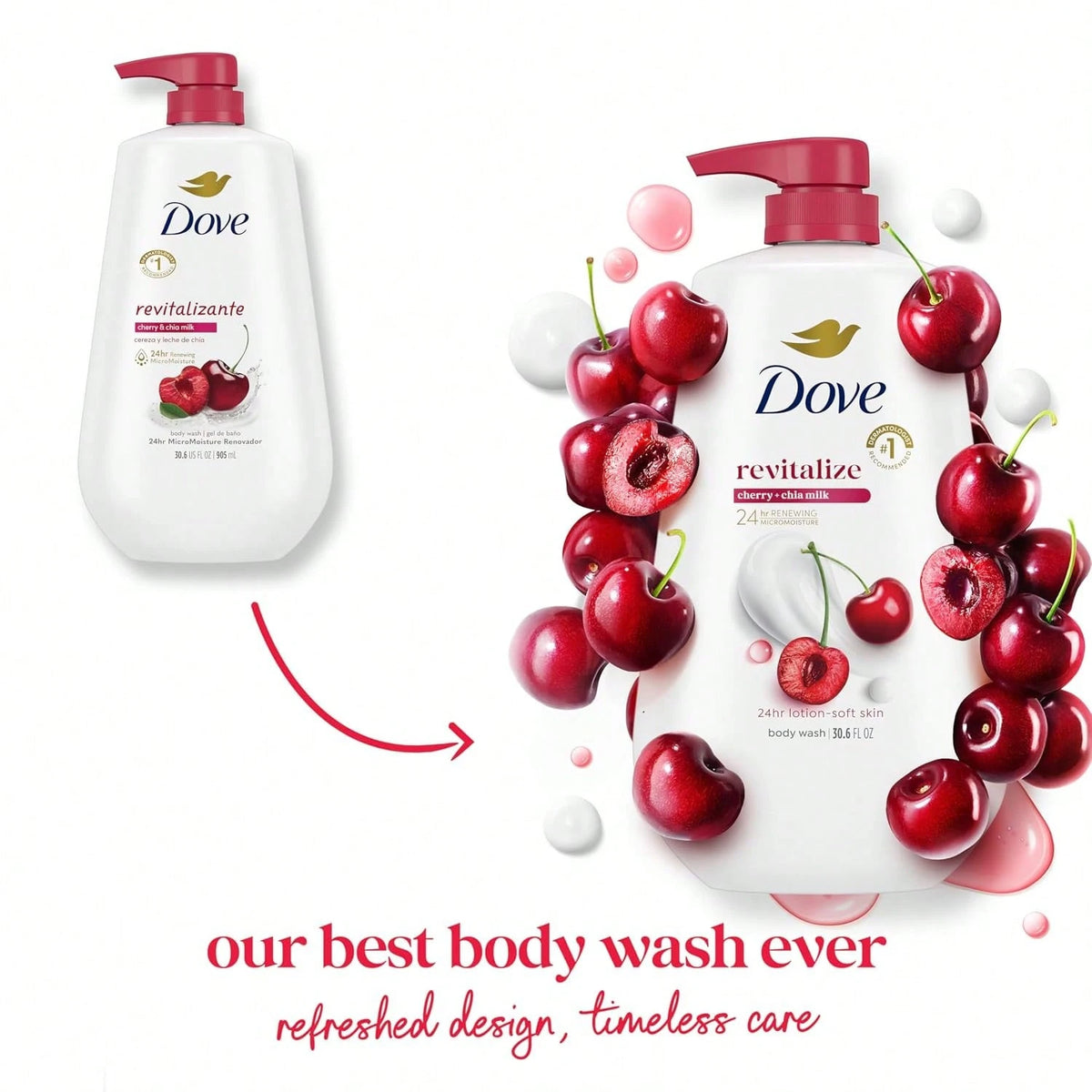 Dove 24hr Lotion Body Wash Revitalizante Cherry & Chia Milk, 30.6 Oz| Hydrating Body Wash With MicroMoisture And A Luscious Cherry Scent