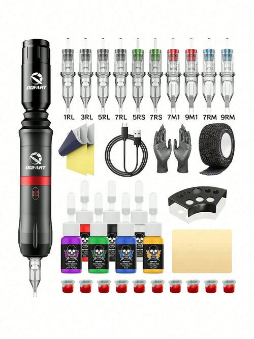 DQFART Wireless Tattoo Gun Kit, With A 1200mAh Battery Compartment, Tattoo Machine Set, Suitable For Beginners And Tattoo Artists. Complete Tattoo Pen Kit Includes Tattoo Needles, Tattoo Ink, Tatto