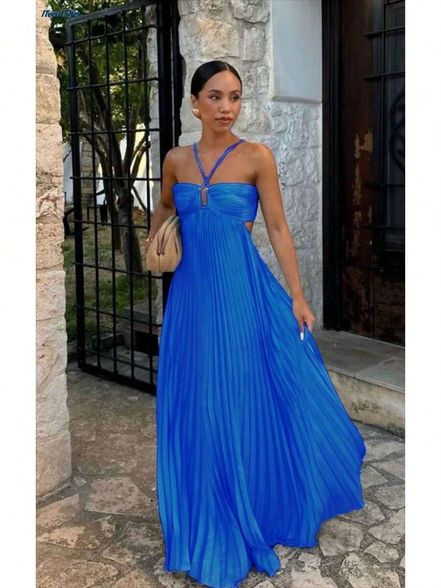 Dresses For WomenWomen's Spaghetti Straps Maxi Dress Flowy Pleated Swing Beach Long Dress Low Backless SundressLoose And Comfortablevestidos De Mujer