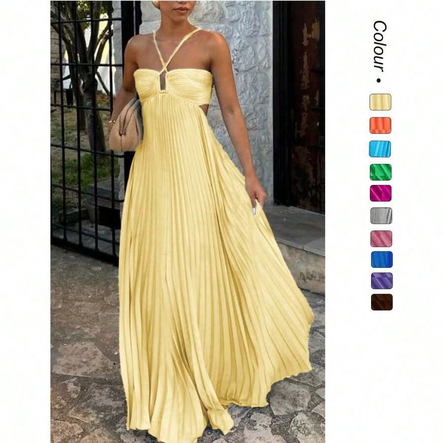 Dresses For WomenWomen's Spaghetti Straps Maxi Dress Flowy Pleated Swing Beach Long Dress Low Backless SundressLoose And Comfortablevestidos De Mujer