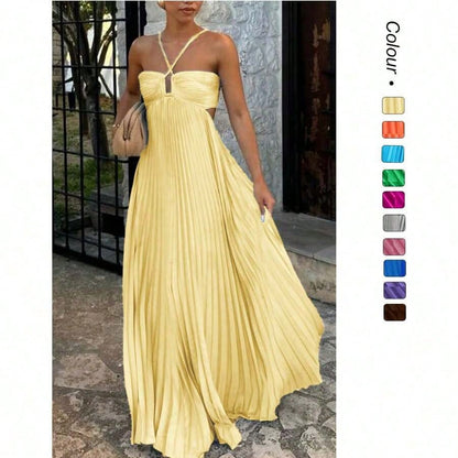 Dresses For WomenWomen's Spaghetti Straps Maxi Dress Flowy Pleated Swing Beach Long Dress Low Backless SundressLoose And Comfortablevestidos De Mujer