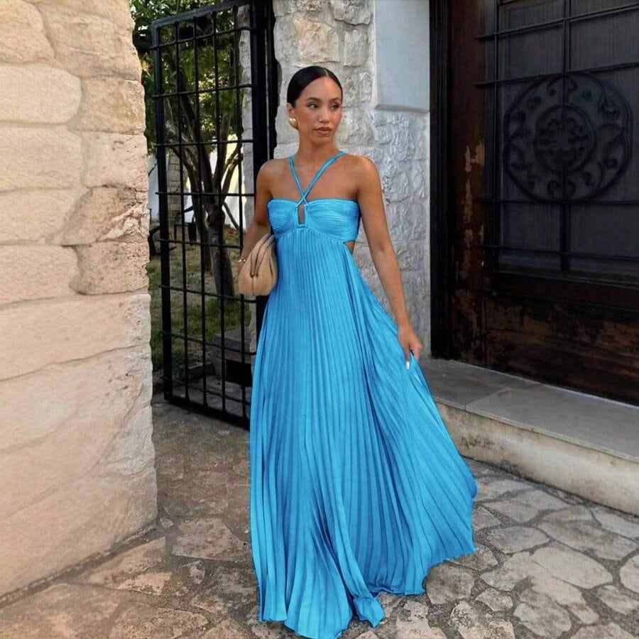Dresses For WomenWomen's Spaghetti Straps Maxi Dress Flowy Pleated Swing Beach Long Dress Low Backless SundressLoose And Comfortablevestidos De Mujer