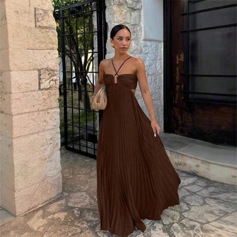 Dresses For WomenWomen's Spaghetti Straps Maxi Dress Flowy Pleated Swing Beach Long Dress Low Backless SundressLoose And Comfortablevestidos De Mujer