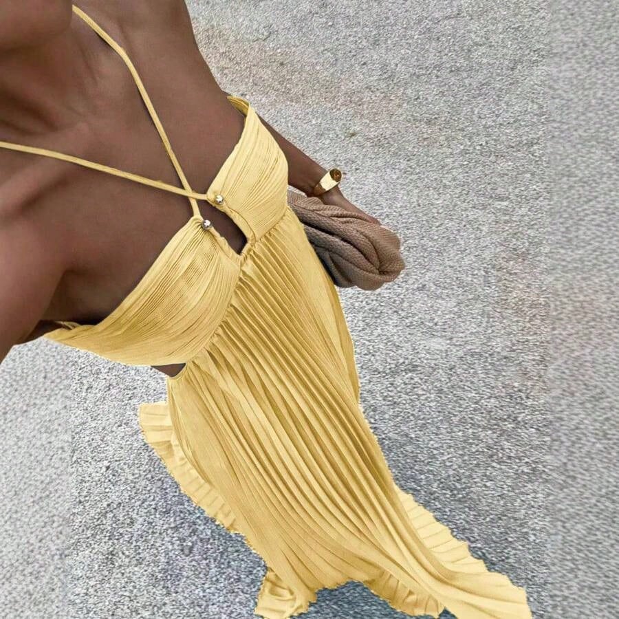 Dresses For WomenWomen's Spaghetti Straps Maxi Dress Flowy Pleated Swing Beach Long Dress Low Backless SundressLoose And Comfortablevestidos De Mujer