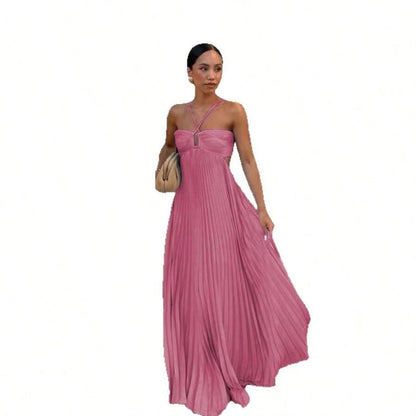 Dresses For WomenWomen's Spaghetti Straps Maxi Dress Flowy Pleated Swing Beach Long Dress Low Backless SundressLoose And Comfortablevestidos De Mujer