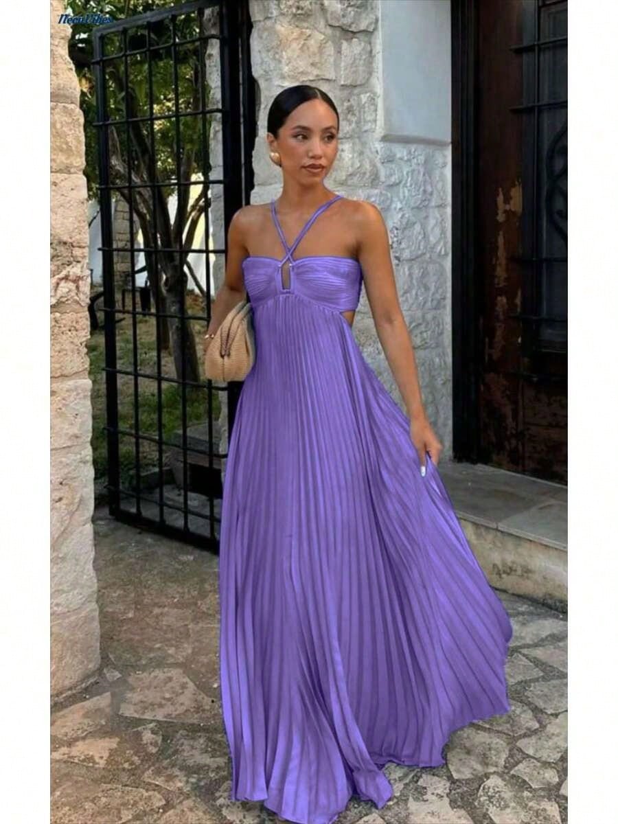 Dresses For WomenWomen's Spaghetti Straps Maxi Dress Flowy Pleated Swing Beach Long Dress Low Backless SundressLoose And Comfortablevestidos De Mujer