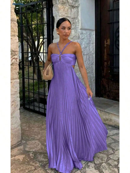 Dresses For WomenWomen's Spaghetti Straps Maxi Dress Flowy Pleated Swing Beach Long Dress Low Backless SundressLoose And Comfortablevestidos De Mujer