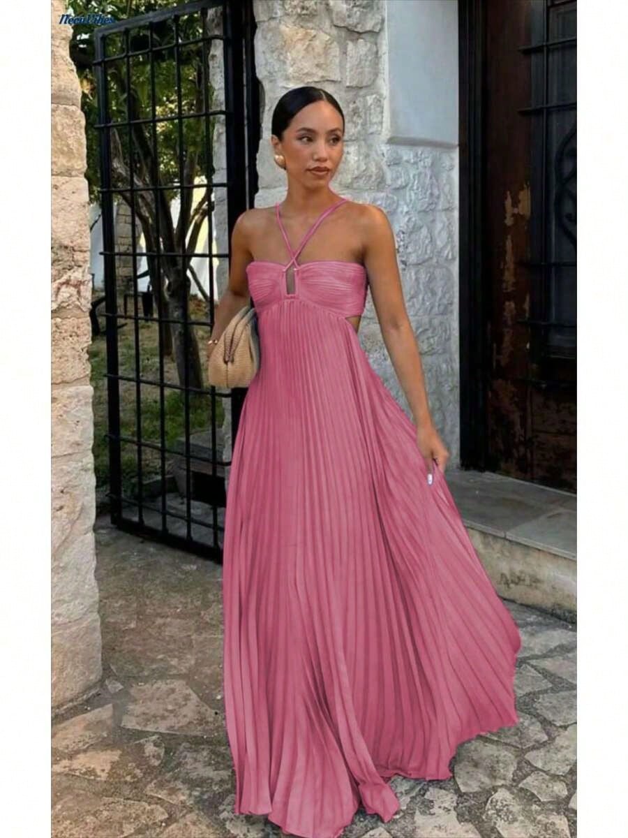 Dresses For WomenWomen's Spaghetti Straps Maxi Dress Flowy Pleated Swing Beach Long Dress Low Backless SundressLoose And Comfortablevestidos De Mujer