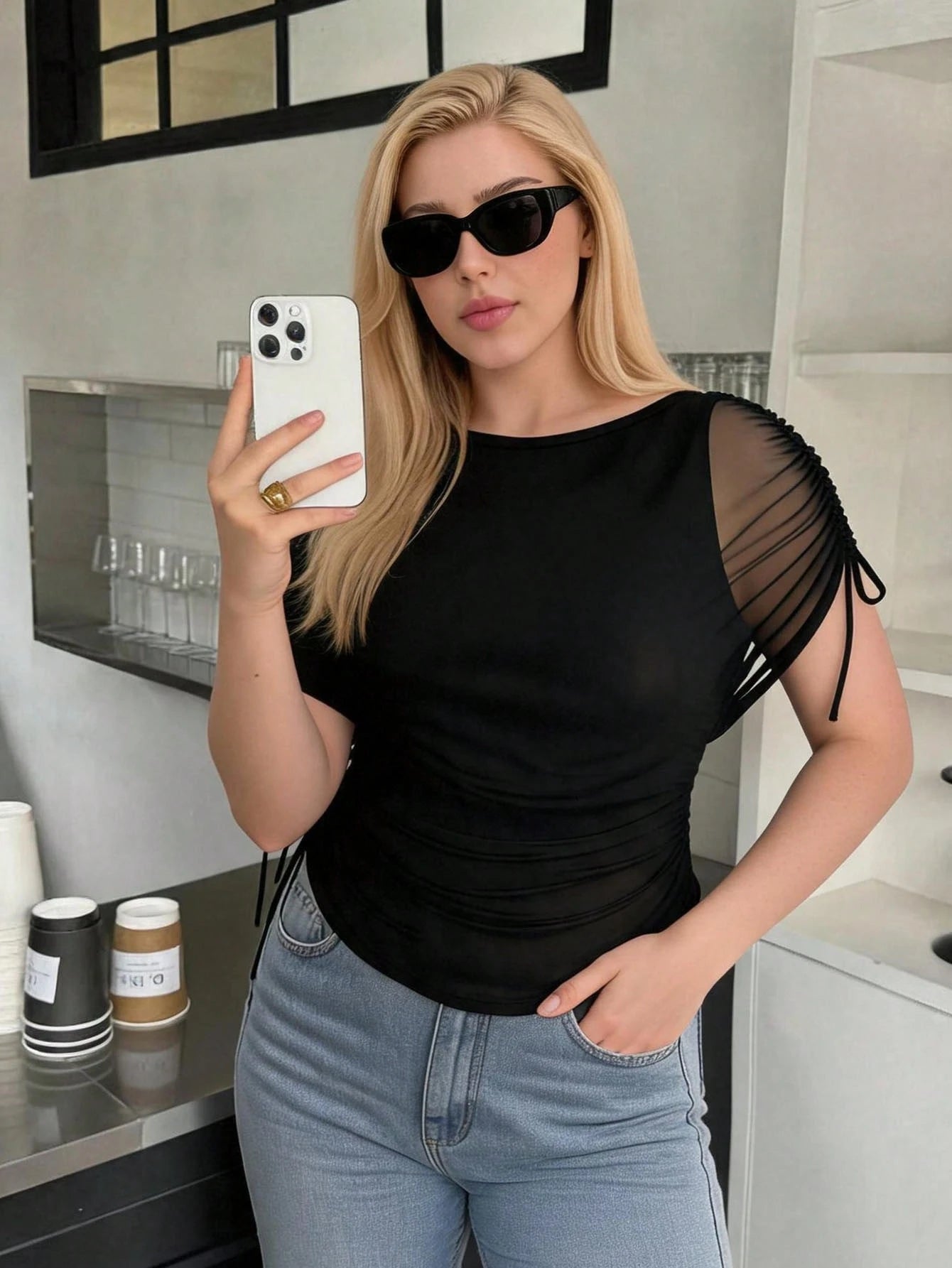 Dripcurv Plus Size Women's Contrast Mesh Drawstring Design Fashion T-Shirt Summer, Holiday Outfits, Black Top, Elegant Sexy Blouses, Chic Brunch Dinner