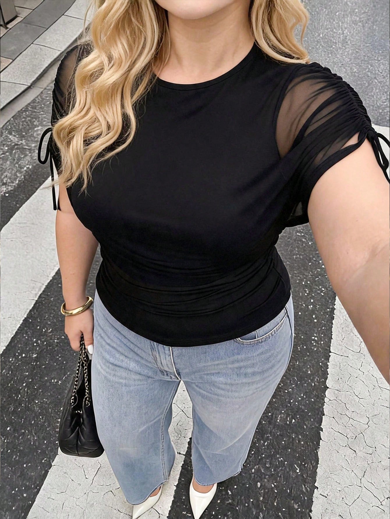 Dripcurv Plus Size Women's Contrast Mesh Drawstring Design Fashion T-Shirt Summer, Holiday Outfits, Black Top, Elegant Sexy Blouses, Chic Brunch Dinner