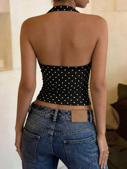 DrmWander Women's Black And White Polka Dot Backless Halter Neck Camisole,Summer Vintage Elegant Everyday Crop Tank Top For Ladies Gym Body Tops
