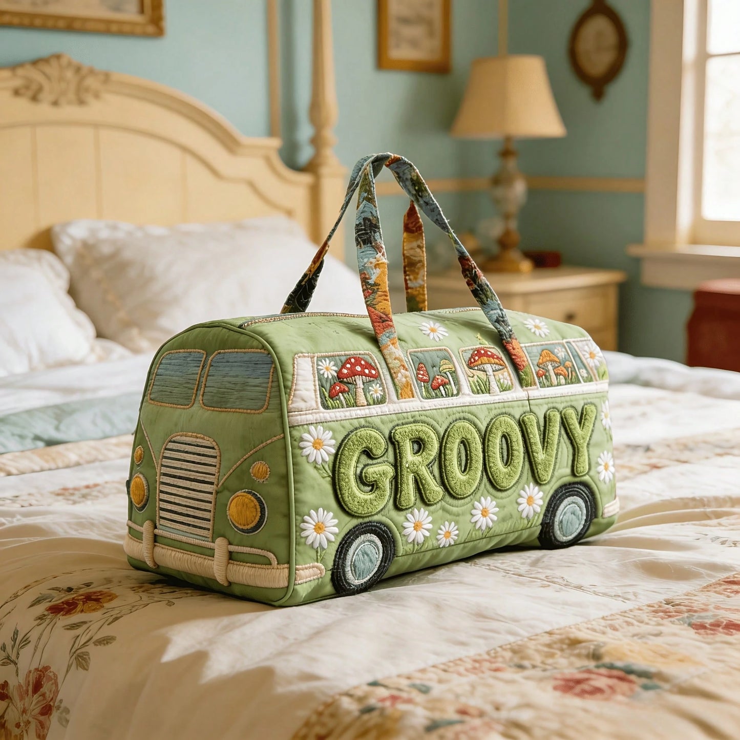 Duffle Bag| Retro Bus Daisy Mushroom 3D Digital Print| Hippie Lovers Outdoor Trip| Large Size| Spacious Cute Travel Handbag