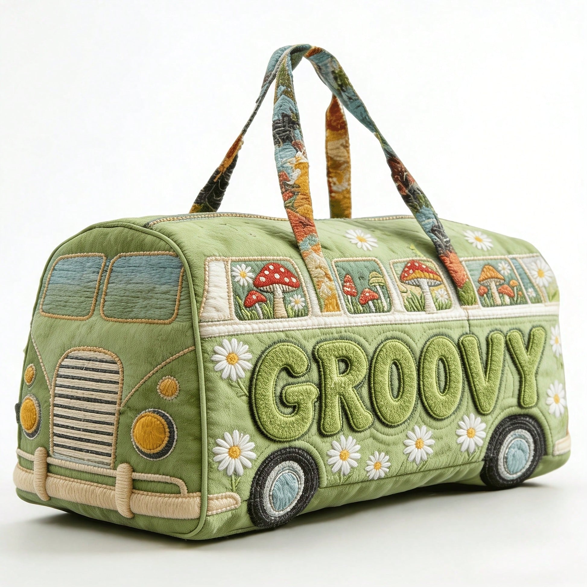 Duffle Bag| Retro Bus Daisy Mushroom 3D Digital Print| Hippie Lovers Outdoor Trip| Large Size| Spacious Cute Travel Handbag
