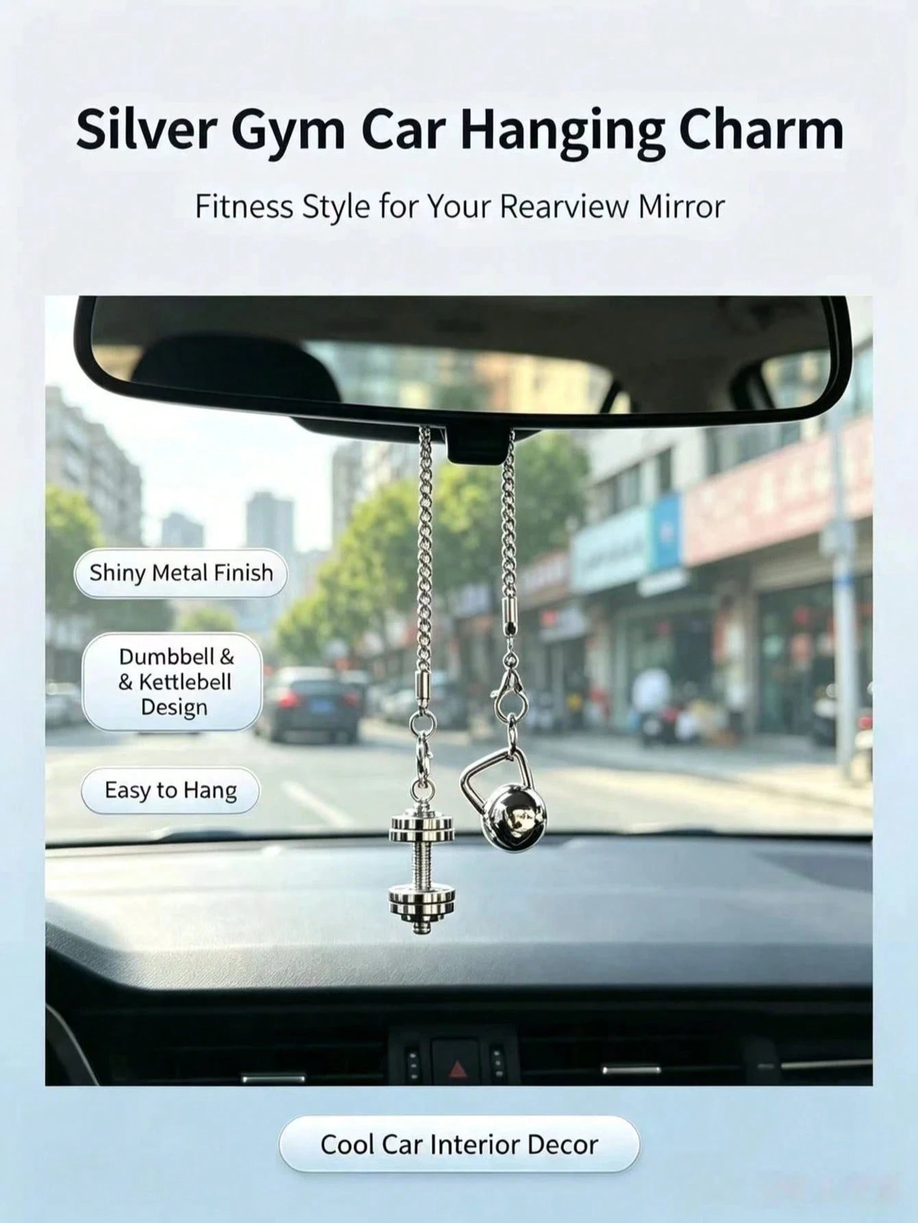 Dumbbell Kettlebell Car Rearview Mirror Hanging Ornament, Fitness Sports Style Metal Chain Car Hanging Pendant, Men's Personalized Car Interior Decoration, Fitness Enthusiast Modified Car Hanging Orna