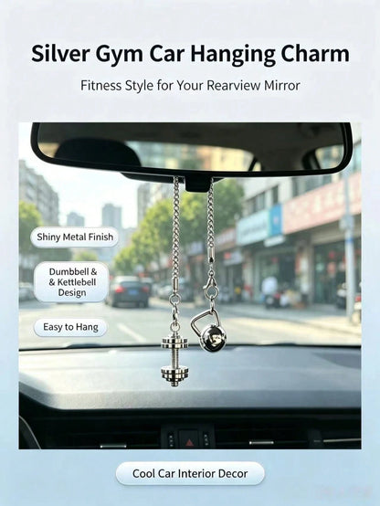 Dumbbell Kettlebell Car Rearview Mirror Hanging Ornament, Fitness Sports Style Metal Chain Car Hanging Pendant, Men's Personalized Car Interior Decoration, Fitness Enthusiast Modified Car Hanging Orna