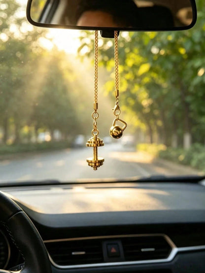 Dumbbell Kettlebell Car Rearview Mirror Hanging Ornament, Fitness Sports Style Metal Chain Car Hanging Pendant, Men's Personalized Car Interior Decoration, Fitness Enthusiast Modified Car Hanging Orna