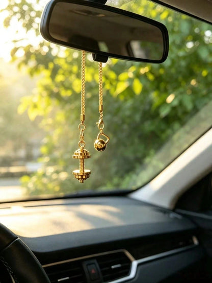 Dumbbell Kettlebell Car Rearview Mirror Hanging Ornament, Fitness Sports Style Metal Chain Car Hanging Pendant, Men's Personalized Car Interior Decoration, Fitness Enthusiast Modified Car Hanging Orna