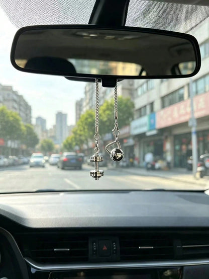 Dumbbell Kettlebell Car Rearview Mirror Hanging Ornament, Fitness Sports Style Metal Chain Car Hanging Pendant, Men's Personalized Car Interior Decoration, Fitness Enthusiast Modified Car Hanging Orna