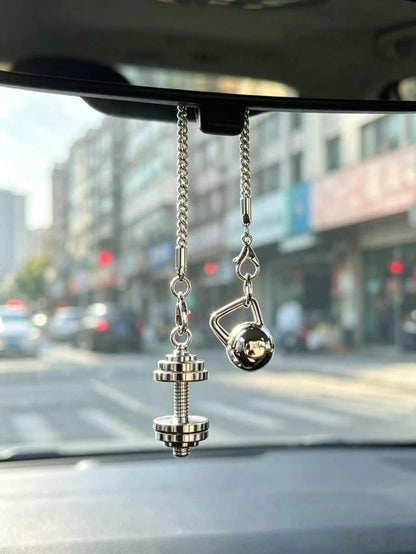 Dumbbell Kettlebell Car Rearview Mirror Hanging Ornament, Fitness Sports Style Metal Chain Car Hanging Pendant, Men's Personalized Car Interior Decoration, Fitness Enthusiast Modified Car Hanging Orna