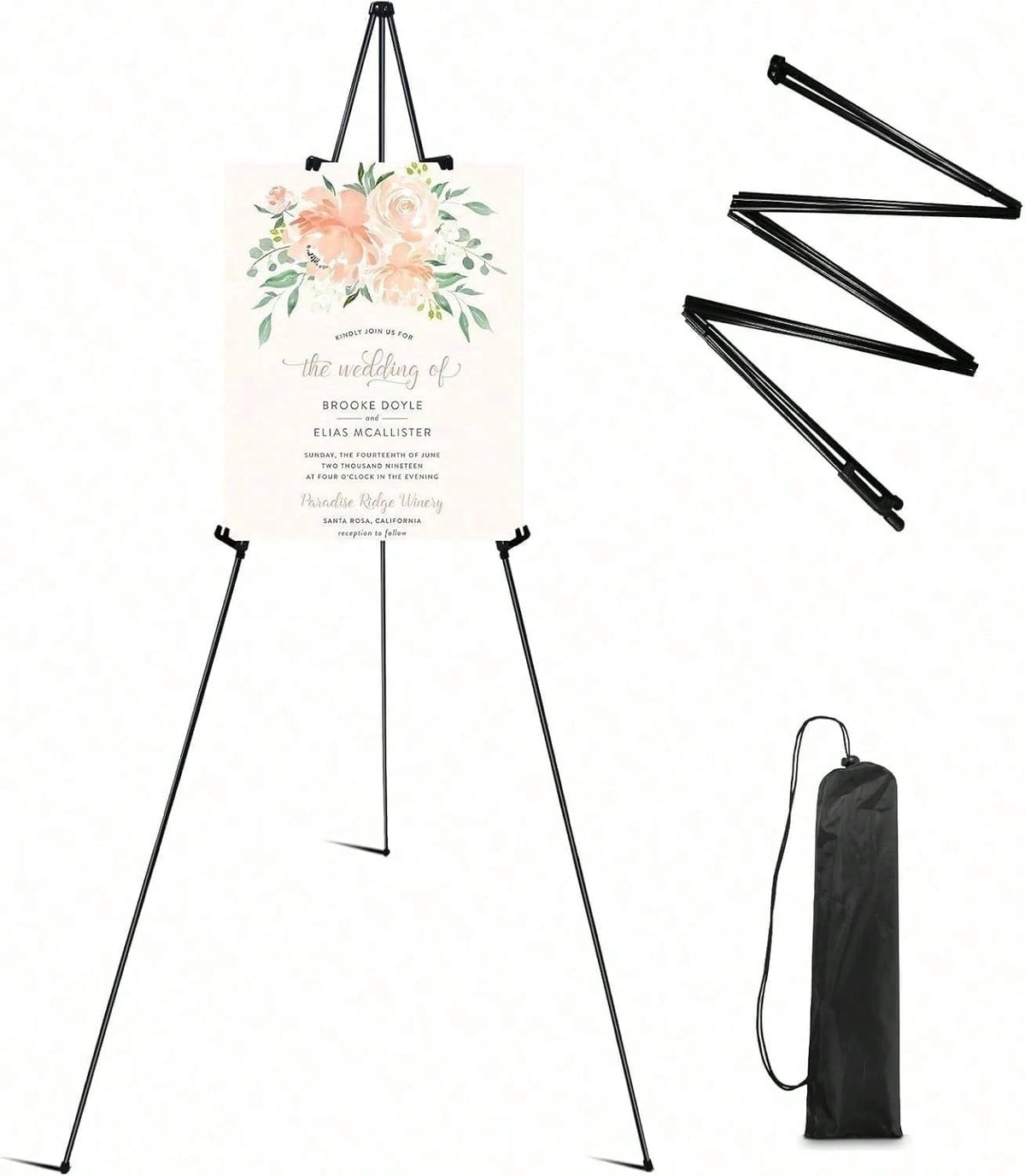 Easel Stand For Sign, 63'' Instant For Displaying- Art And Crafts Foldable Portable Ground Easels For Wedding Sign And Poster Display Stand- With Portable Bag Black 1-Pack.