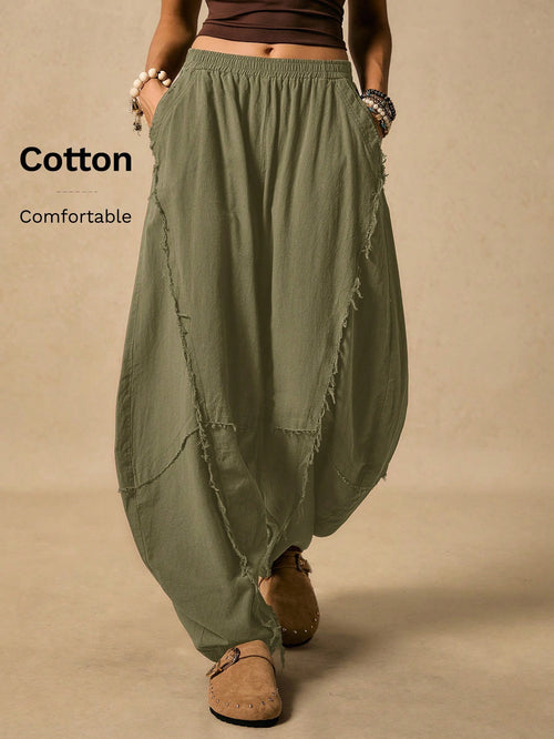 Easelle Women's Frayed Hem Military Green Knit Flare Pants Boho Pants For Women Harem Pants Women Loose Pants