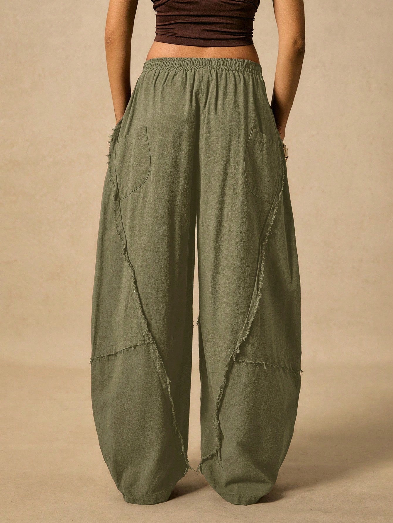 Easelle Women's Frayed Hem Military Green Knit Flare Pants Boho Pants For Women Harem Pants Women Loose Pants