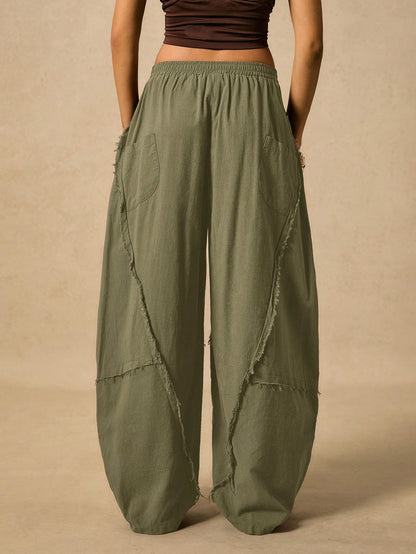 Easelle Women's Frayed Hem Military Green Knit Flare Pants Boho Pants For Women Harem Pants Women Loose Pants