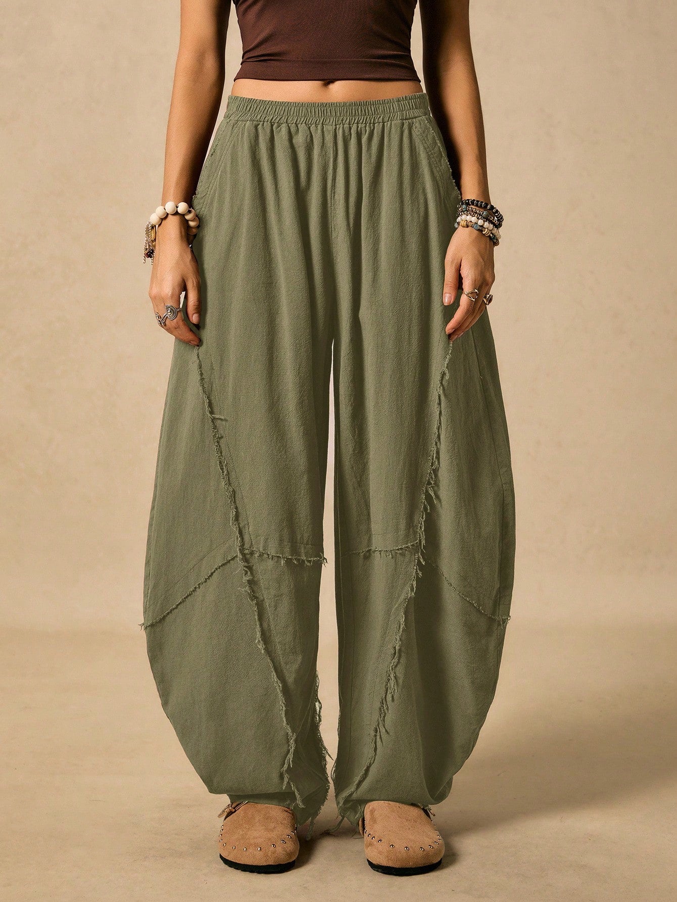 Easelle Women's Frayed Hem Military Green Knit Flare Pants Boho Pants For Women Harem Pants Women Loose Pants