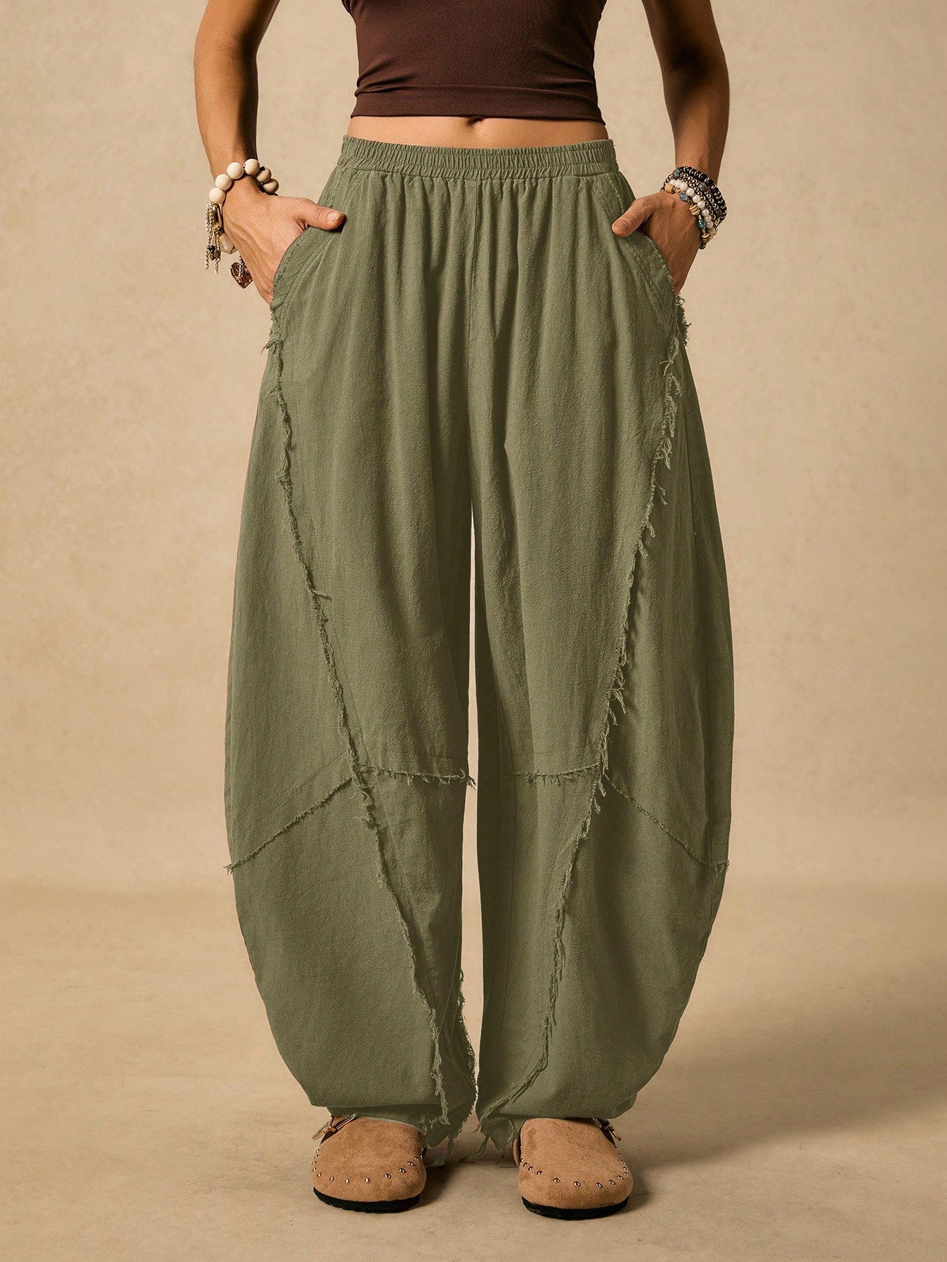 Easelle Women's Frayed Hem Military Green Knit Flare Pants Boho Pants For Women Harem Pants Women Loose Pants