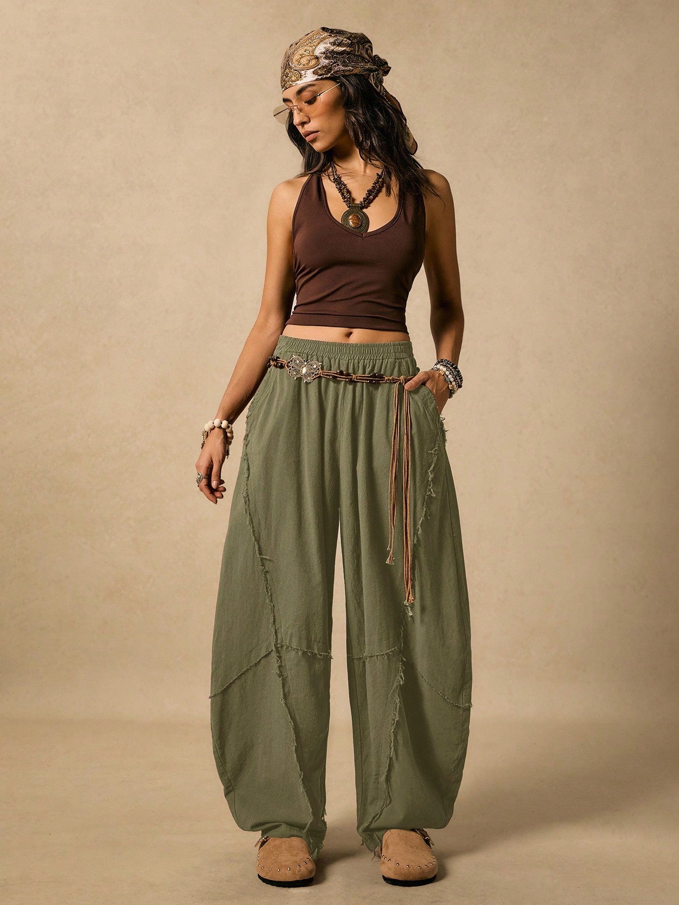 Easelle Women's Frayed Hem Military Green Knit Flare Pants Boho Pants For Women Harem Pants Women Loose Pants