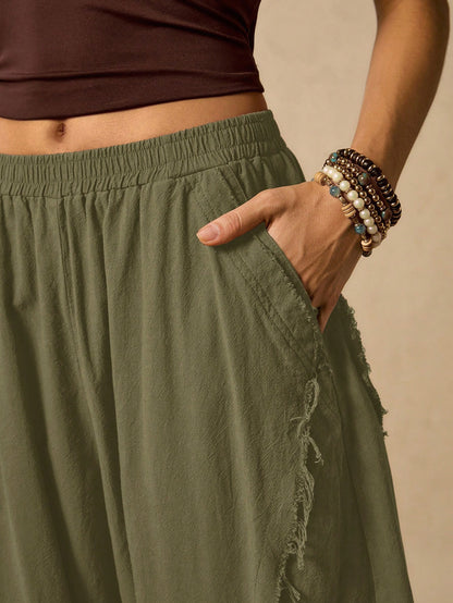 Easelle Women's Frayed Hem Military Green Knit Flare Pants Boho Pants For Women Harem Pants Women Loose Pants
