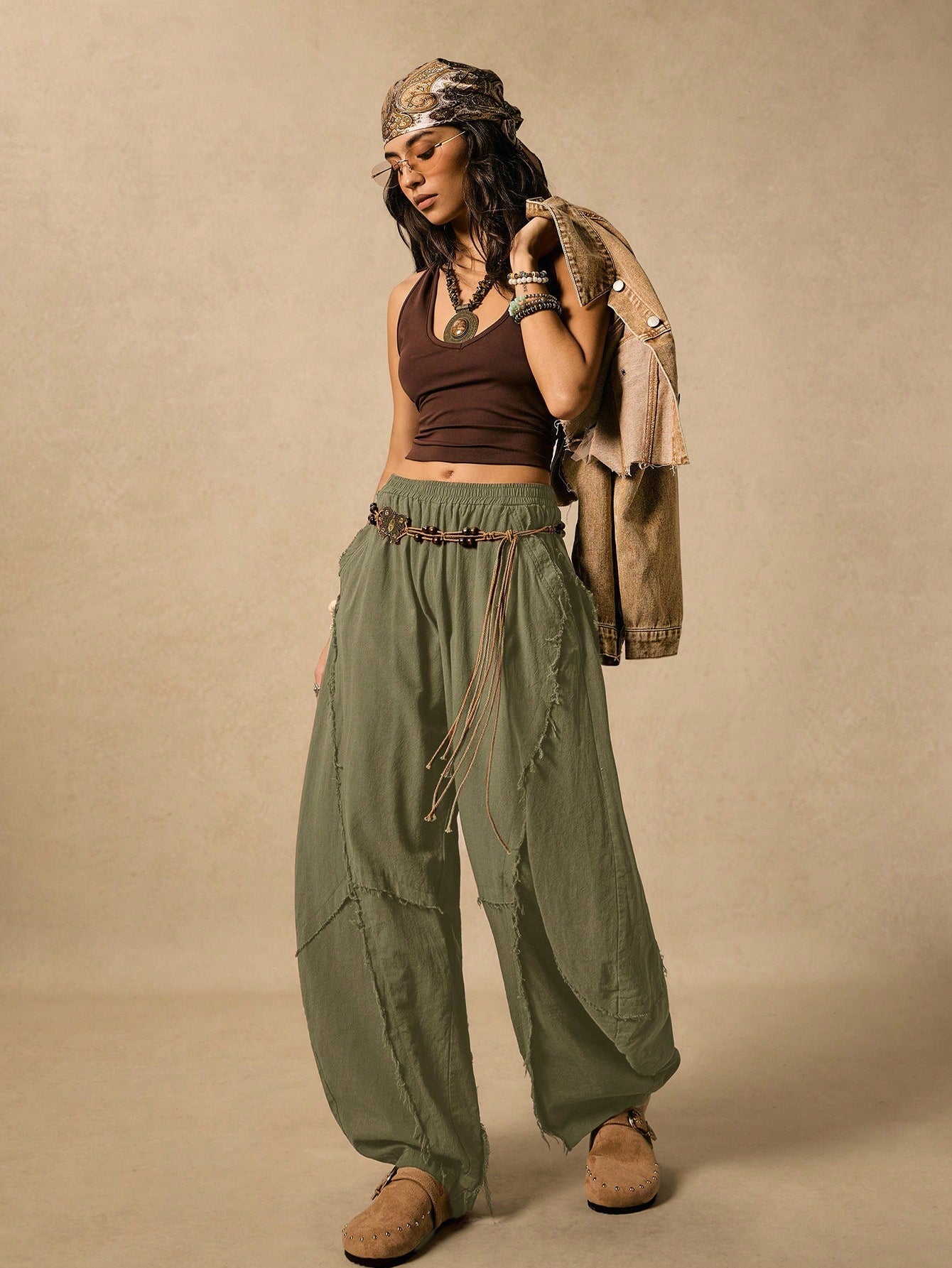 Easelle Women's Frayed Hem Military Green Knit Flare Pants Boho Pants For Women Harem Pants Women Loose Pants