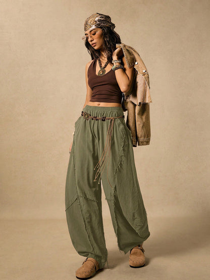 Easelle Women's Frayed Hem Military Green Knit Flare Pants Boho Pants For Women Harem Pants Women Loose Pants