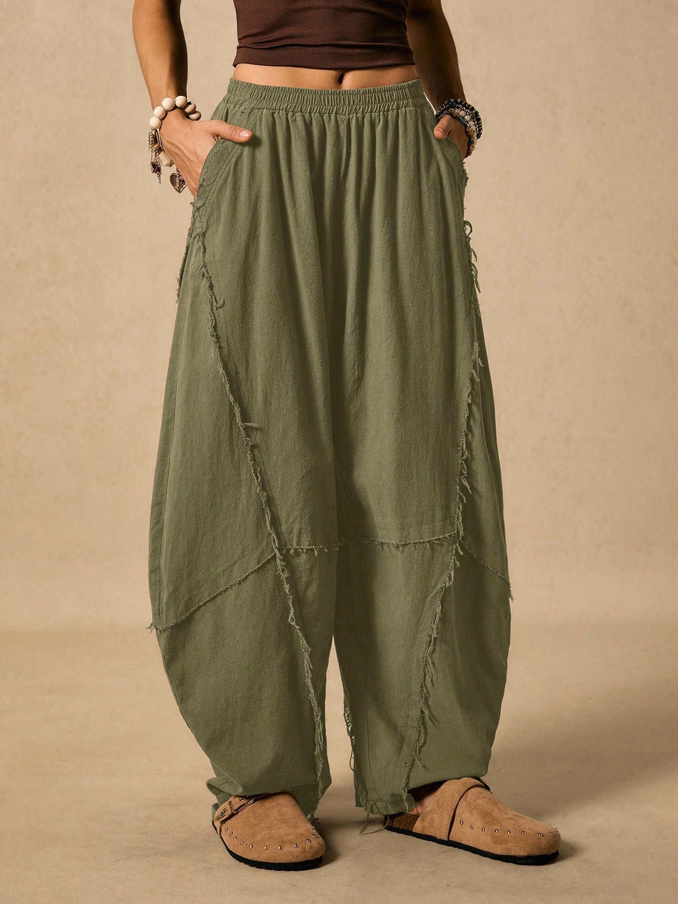 Easelle Women's Frayed Hem Military Green Knit Flare Pants Boho Pants For Women Harem Pants Women Loose Pants
