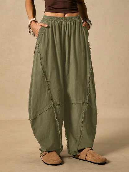 Easelle Women's Frayed Hem Military Green Knit Flare Pants Boho Pants For Women Harem Pants Women Loose Pants