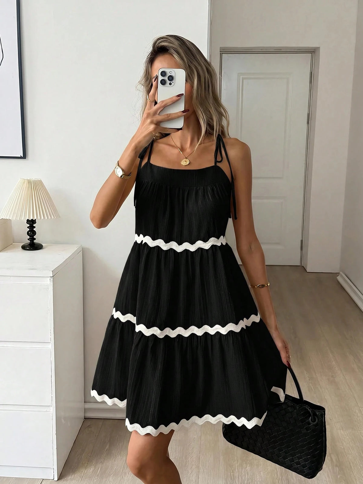 Easowa Contrast Color Ruffle Trim Multi-Layer Flounce Hem A-Line Umbrella Dress, Shoulder Tie Bow Strap Casual Loose Elegant Commuter Vintage Style Vacation Summer Dress For Women
